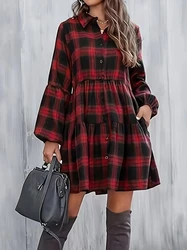 Plaid Print Button Front Dress, Elegant Lantern Long Sleeve DressWomen's Clothing