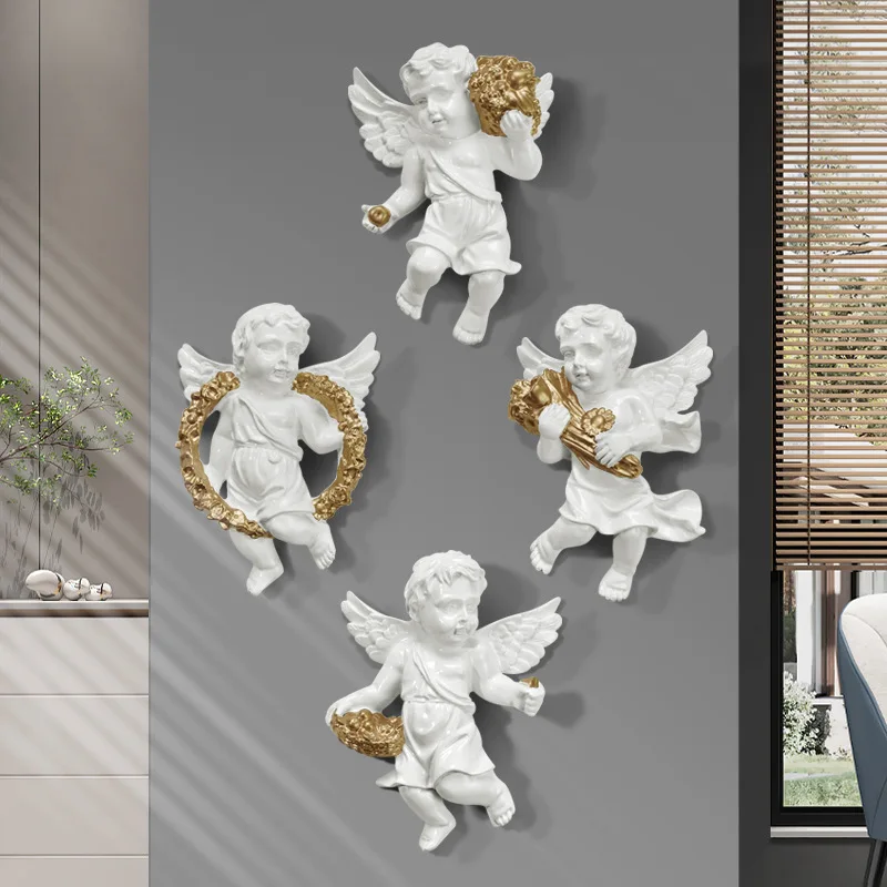 4pcs European Cherub Angel Wall Decor Resin Cupid Statue Wall Hanging Sculpture For Living Room TV Background Wall Home Decor