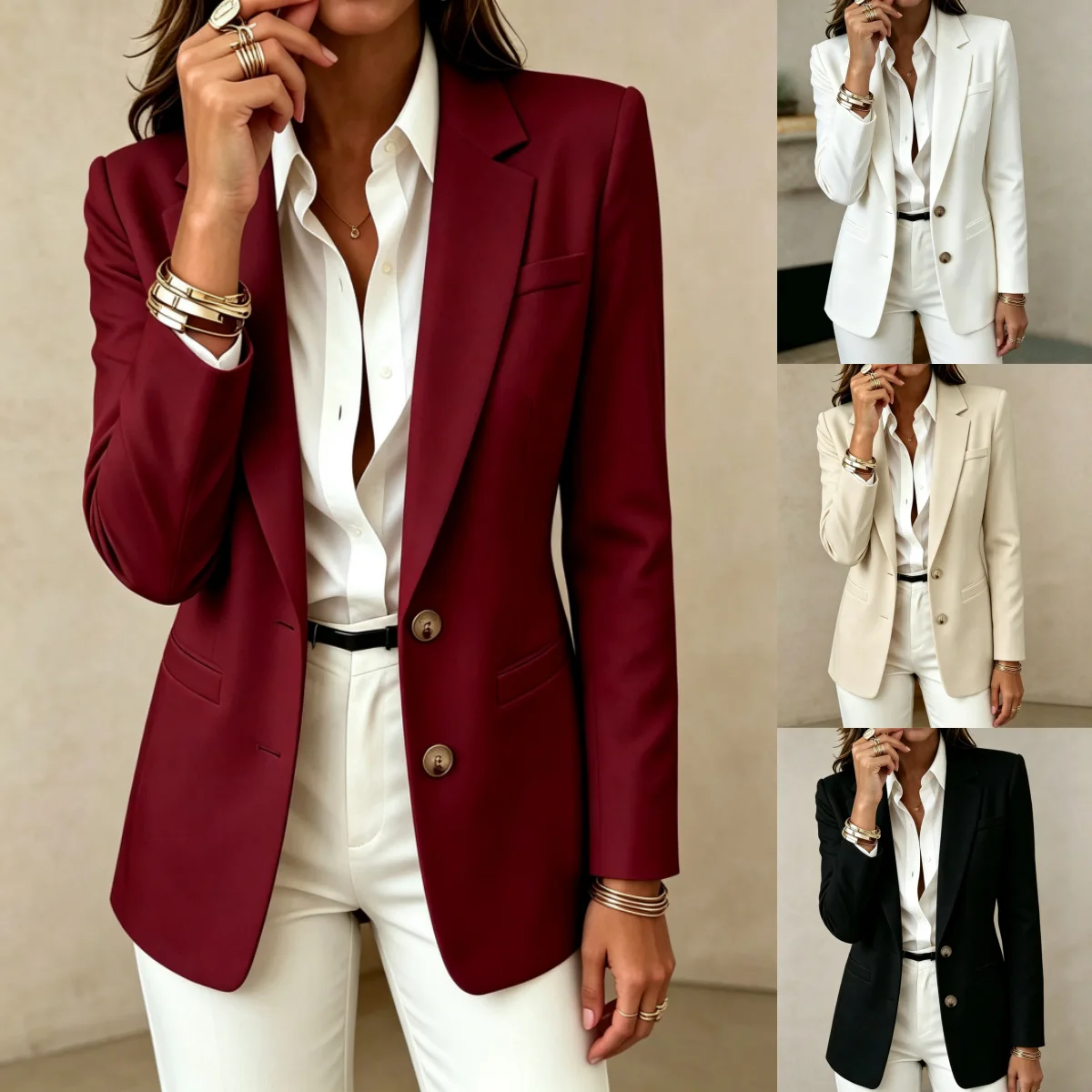 Damen-Blazer, einfarbig, mit Reverskragen, doppelten Knöpfen, langen Ärmeln, schmal geschnitten, für Büro und Anlasskleidung. – Detail 2