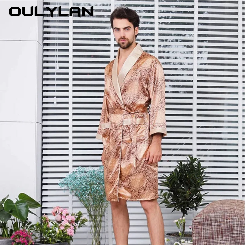 Men Long-sleeved Pajamas Imitation Silk Bathrobe Home Bath Gown Male Printed Geometric Robes V-neck Satin Sleepwear Nightgown