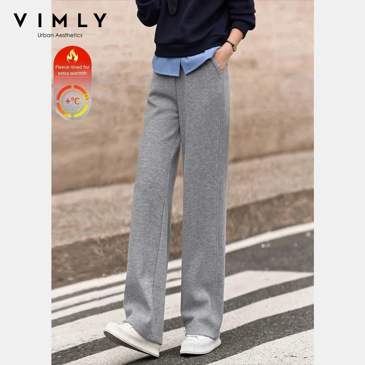 

VIMLY Basic Trousers for Women 2025 Casual Grey Fleece Lined Wide Leg Long Pants Knitted Loose Warm Women Winter Clothing A3167