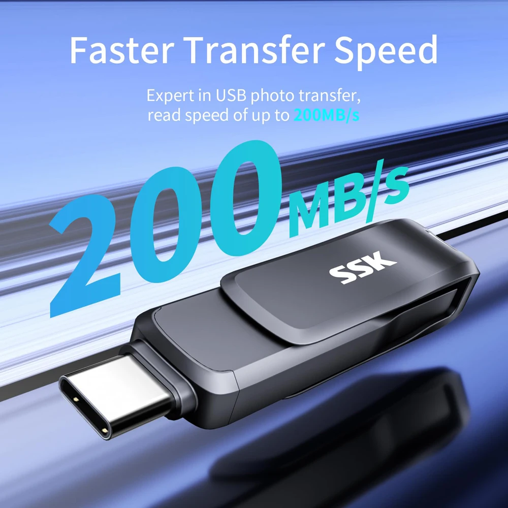 SSK Dual USB Flash Drive 256GB USB 3.2 Thumb Drive with USB Type-C and USB A USB Memory Stick for Smartphones Tablets Mac Laptop