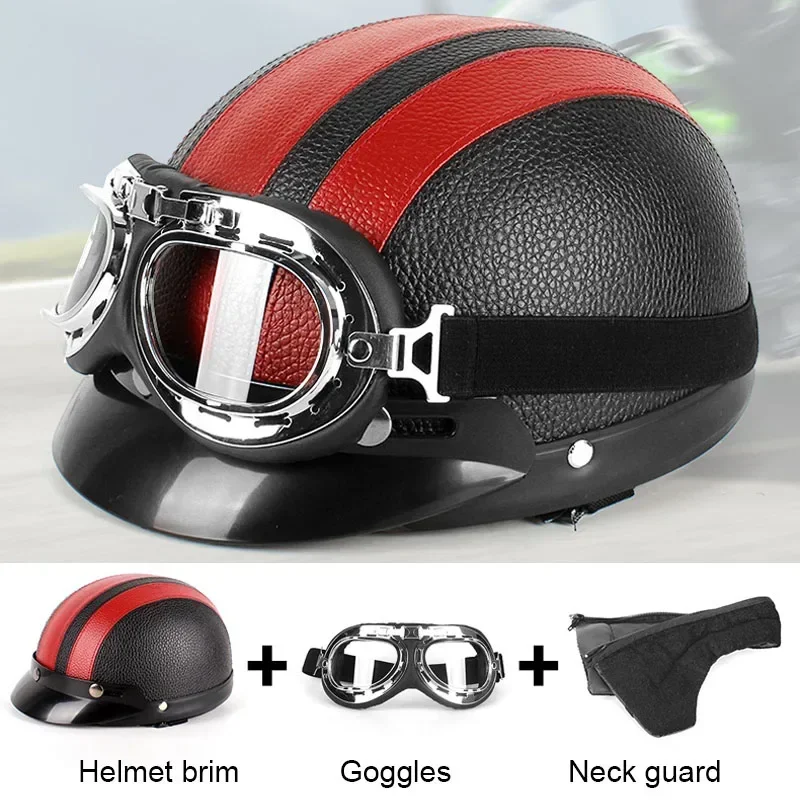 Casco de seguridad de motocicleta a rayas para hombres y mujeres, gafas de Scooter eléctrico de Motor Vintage, medio casco de moda, cuero PU, clásico