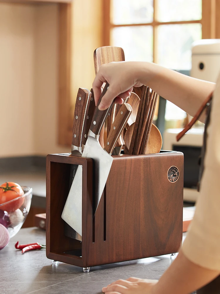 Solid Wood Knife Holder Chopstick Barrel Integrated Household Knife Storage Rack Table Top Vegetable Knife Holder Moisture-proof