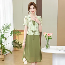 Printed Dress Women Summer Korean Version Of Self-Cultivation Age Reduction Leave Fake Two Pieces Middle-Aged A-Line Vestidos