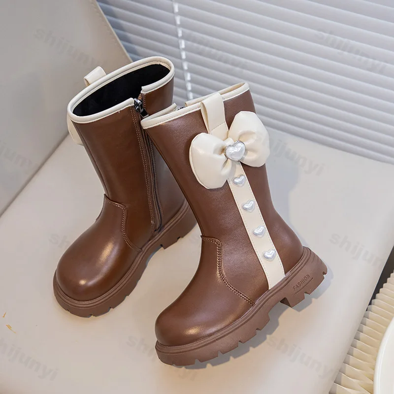 

Girls High Boots with Bow-knot Non-slip Fashion Children Heart Pearls Elegant Princess Boots Side Zipper Kids Leather Long Boots