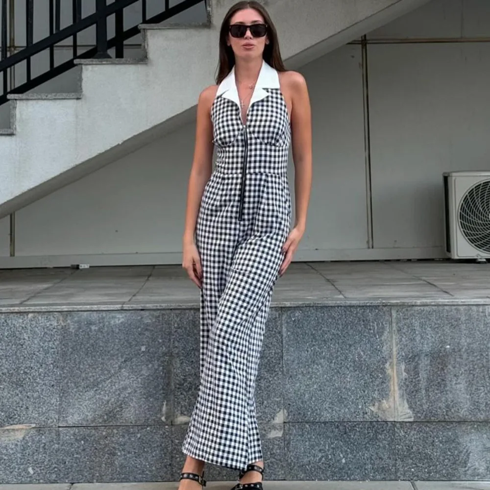 بذلة نسائية مثيرة بدون ظهر موضة 2025 لربيع وصيف مفرغة وخصر فضفاض وياقة قميص وسحاب منقوشة مطبوعة ثوب فضفاض للنساء