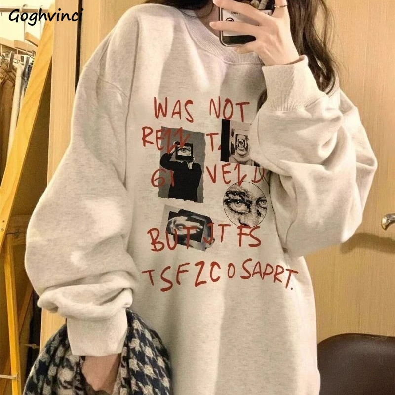 Sweatshirts Women Printing Baggy Cozy Plus-velvet Autumn Vintage Lazy American Style Personality Students Chic O-neck Clothing