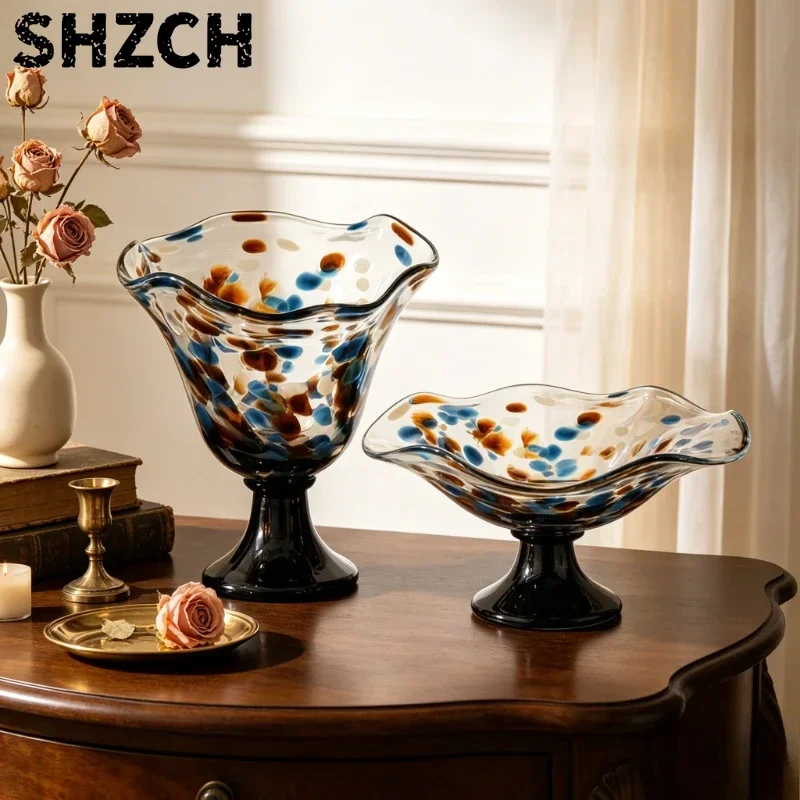 Glass Fruit Bowl Handmade Pedestal Dessert Stand Centerpiece for Dining Table Home Decor Kitchen Serving Tray Entryway Display