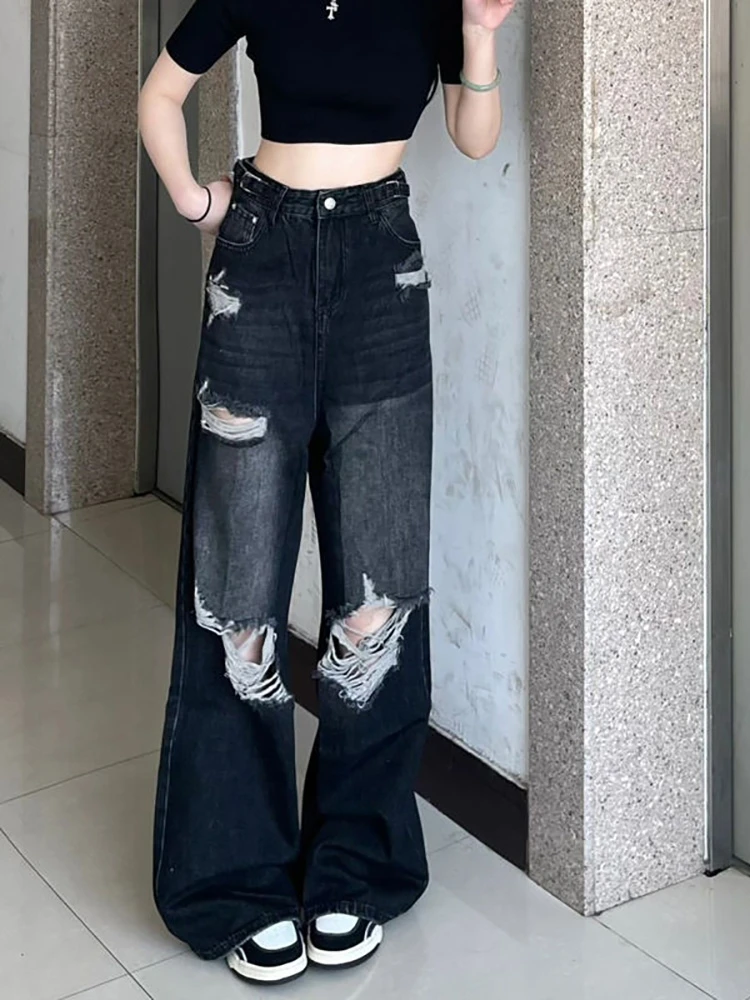 American High Street Style Loose Fit Black Denim Jeans Women's Summer New Large Size Straight Leg Floor-Length Wide Leg Pants