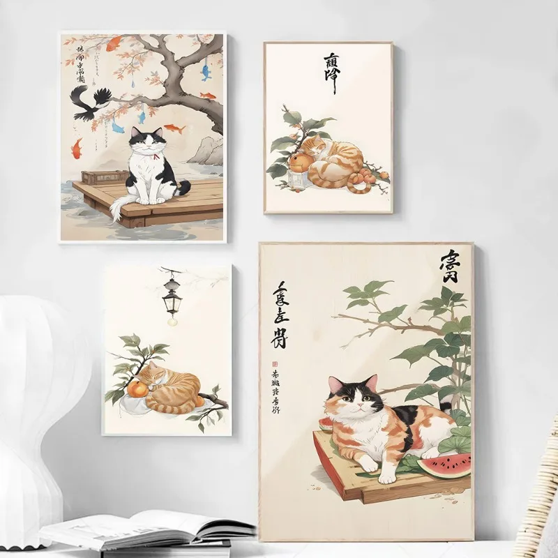 Kawaii Japanese Cat Canvas Art Sleeping with Watermelon Ukiyo-e Print Asian Style Aesthetic Wall Decor for Bedroom Kitchen Gift