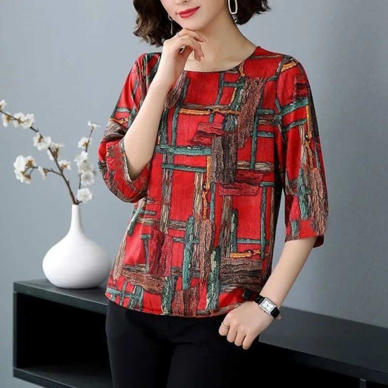 Summer Women's 2024 New Retro Pullover O-Neck Patchwork Print Geometric Fashion Ice Silk Loose Versatile Half Sleeve Shirts Top