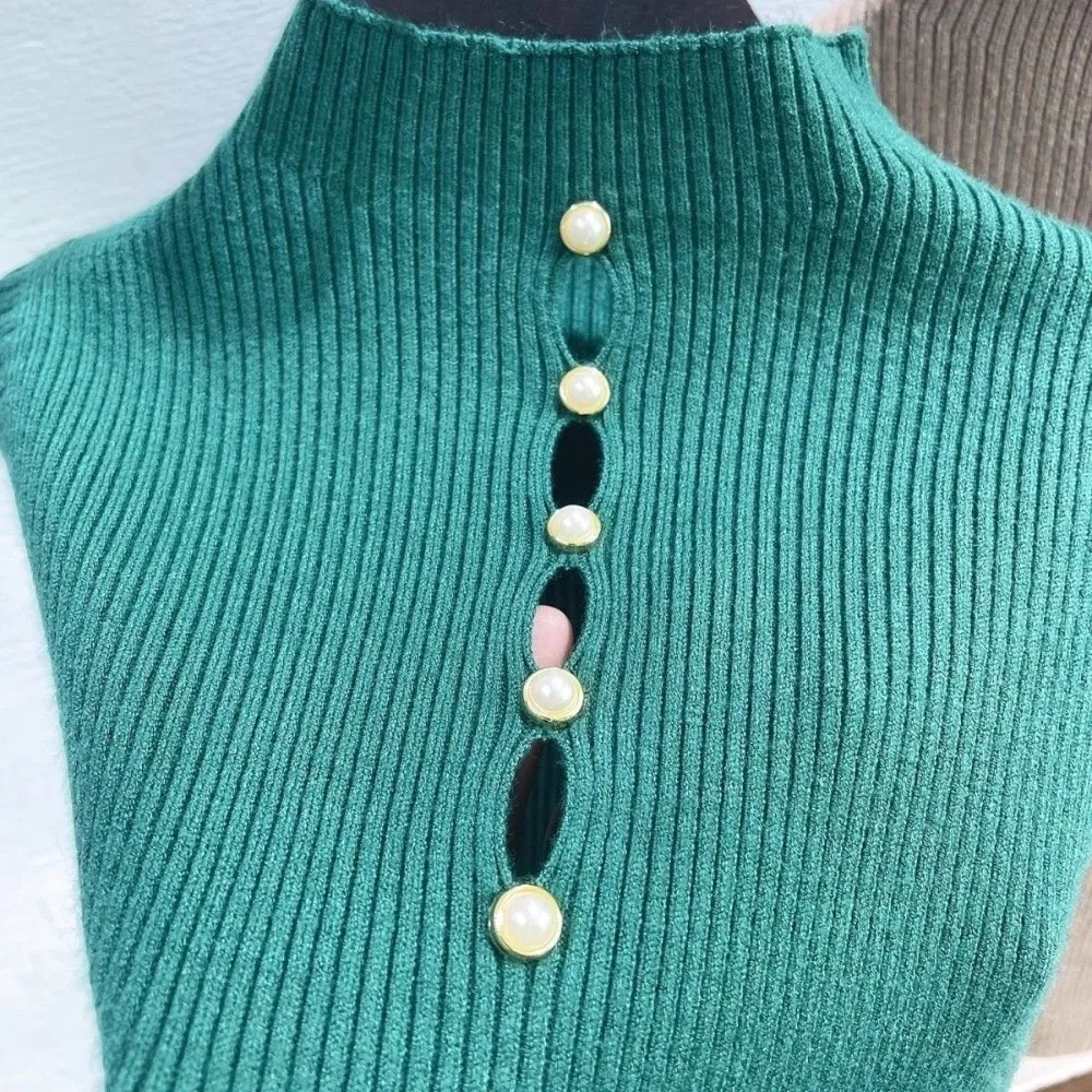 Elegant Solid Color Knitted Vest Sleeveless Slimming Tees T-Shirt Half-turtleneck Tank Top Women
