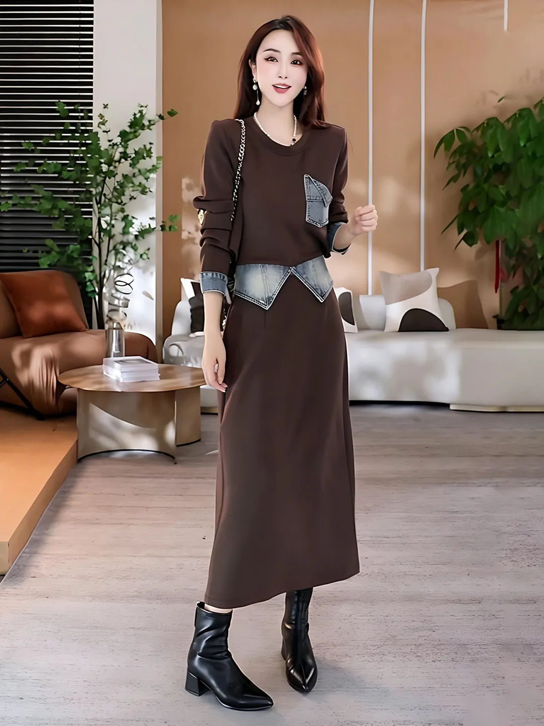 plus Size Women's Autumn New Style Slimming High Waist Half Skirt Set Coffee Color Splicing Fake Top Young Looking Two Piece Set