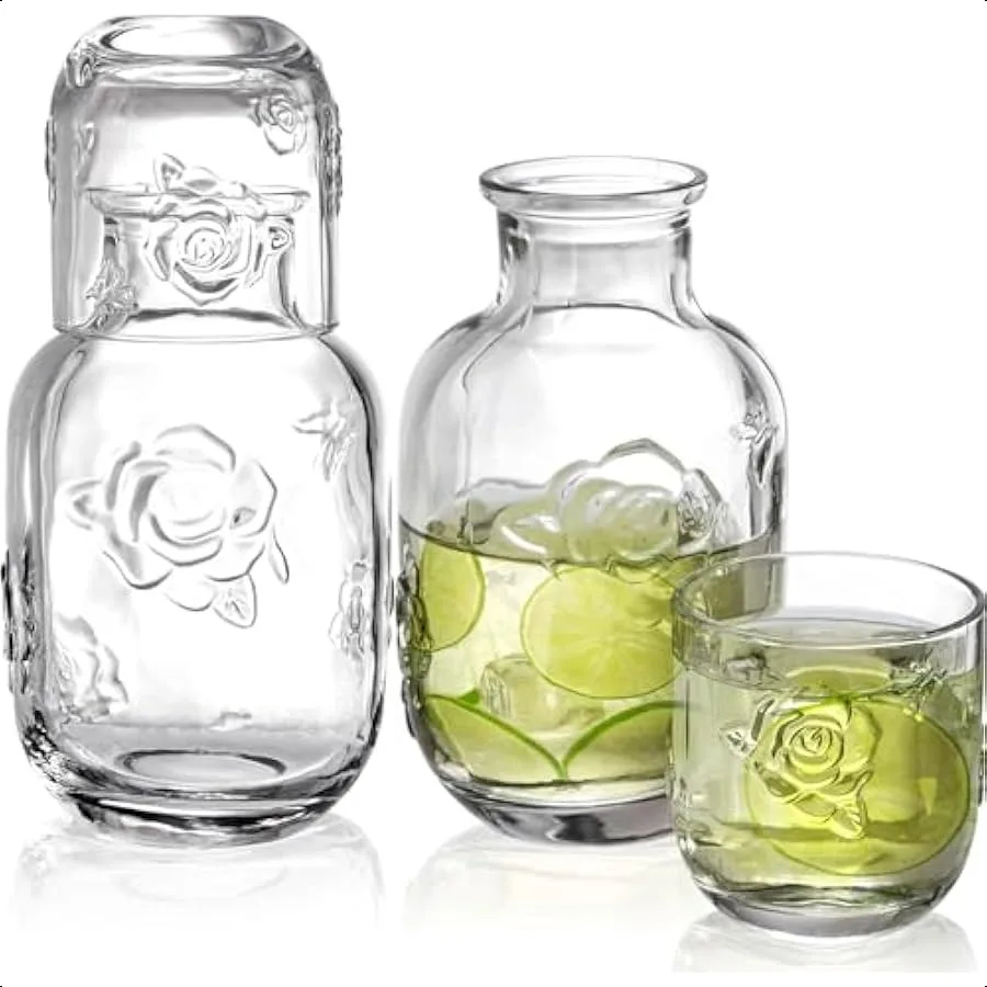 

2 Sets Bedside Water Carafe with Tumbler 16oz Vintage Nightstand Glass Pitcher with 5oz Cups Clear Mouthwash Decanter with Embo