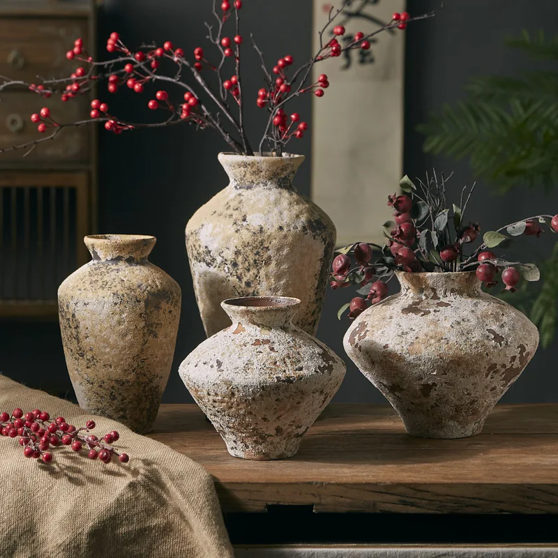 Jingdezhen wabi-**** wind zen ornament large coarse pottery jar handmade flower arrangement B & B retro nostalgic ceramic vase