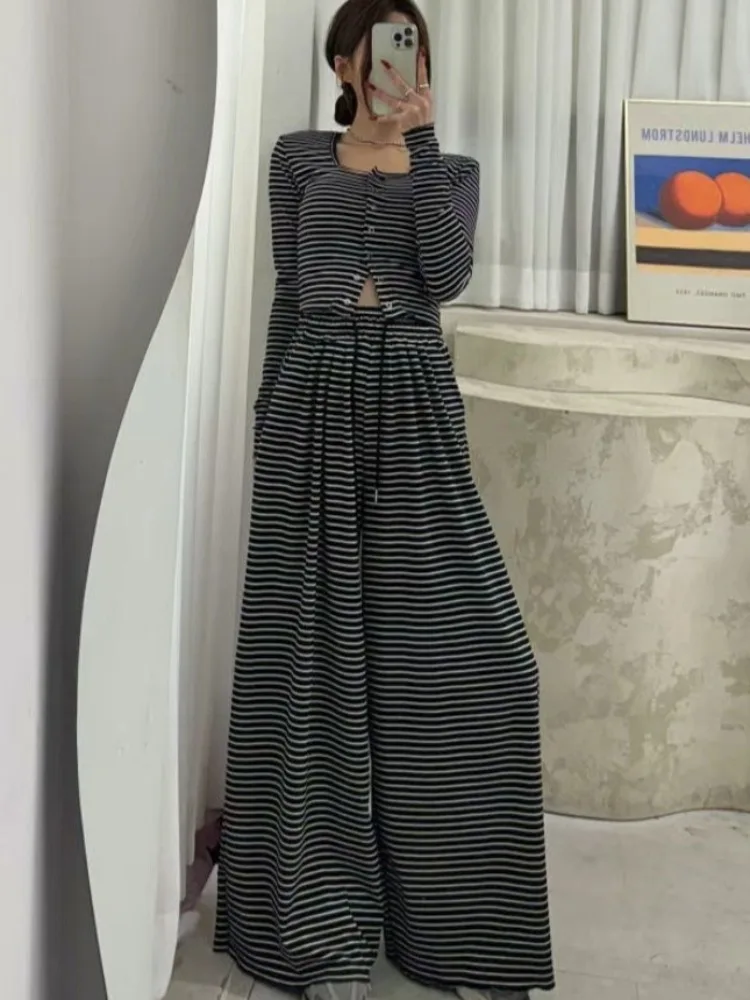 Faionable Knitted Striped Top And Casual Pants Set Single Button Design Dongda Gate Sle for Young Women Spring Autumn Winter