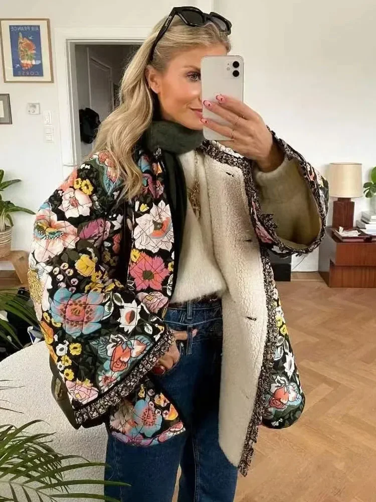 Flower Winter Coat for Women Quilted Jacket Parkas Woman Autumn Winter Printed Vintage Jacket Tweed Warm New in Outerwear