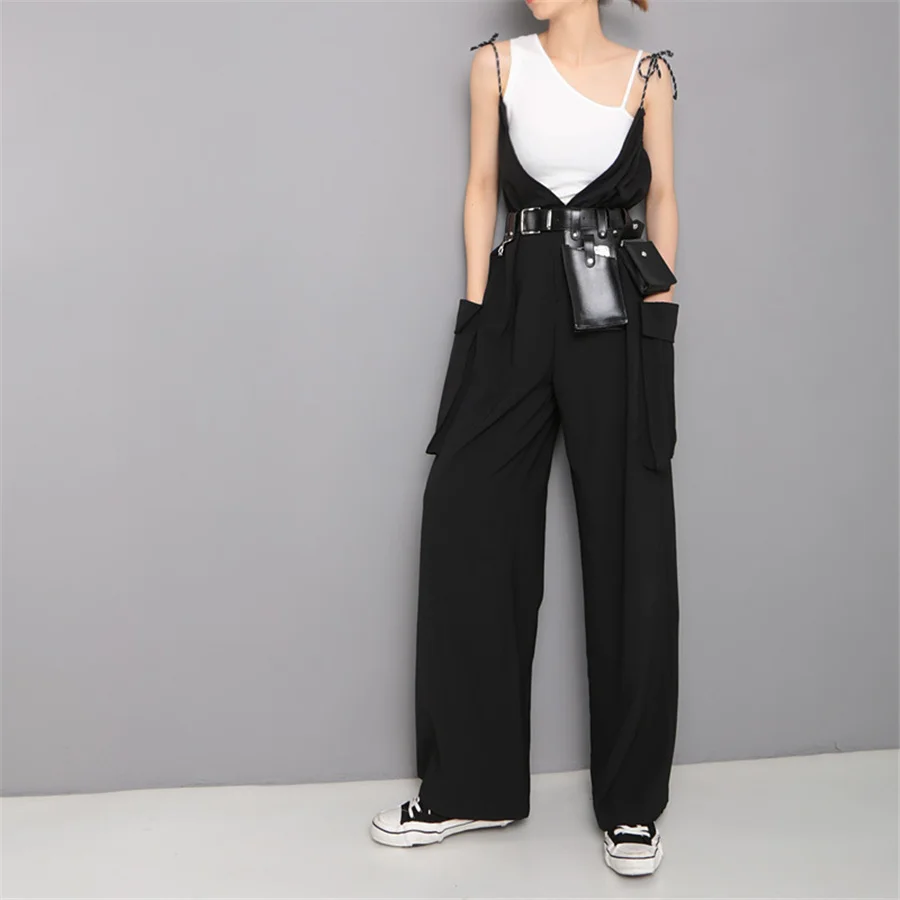 

style Summer new Women's trousers 2023 two ways to wear big pocket halter neck tie waist design loose casual jumpsuit female
