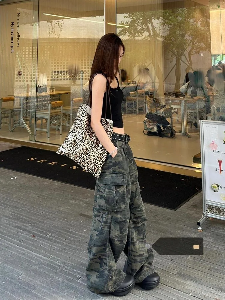 

High Waist Wide Leg Casual Work Pants Women's Summer New Loose Straight Cut Trousers American Retro Big Pocket Commute Style