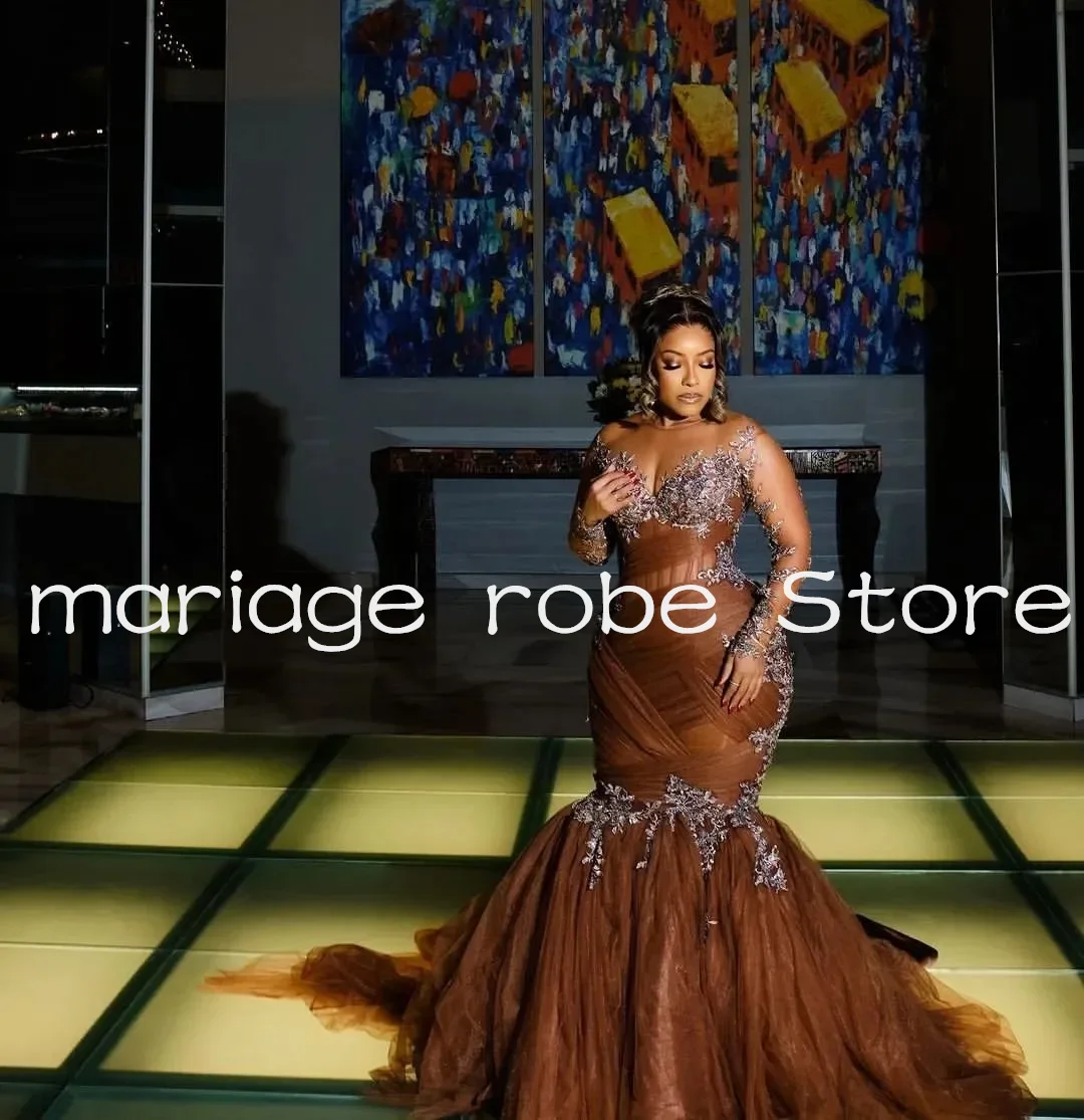 Czekoladowe Illusion Mermaid suknie balowe asoebi arabski dostosowane koronkowe tiulowe wieczorowe suknie urodzinowe Vestidos de novia