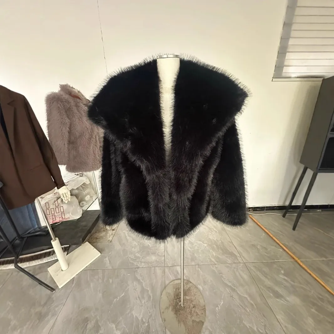 Winter Fur Coat Mink Fur Large Collar Women's Top plus Size Loose ort Sle Simulation Fur Thin Leather Outerwear