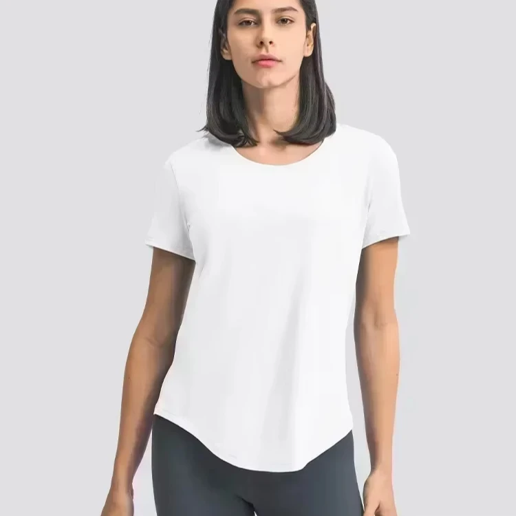 Lemon Women Loose Yoga Short Sleeve Shirt Breathable Running Sports T-shirt Curved Hem Casual Elastic Speed Dry Fitness Clothing