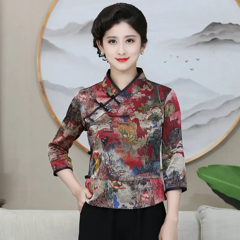 Oriental Cheongsam Style Women Tunic Tops Red Khaki Floral Print Tangzhuang Tops Manadarin Collar Three Quater Sleeve Tunic 2024