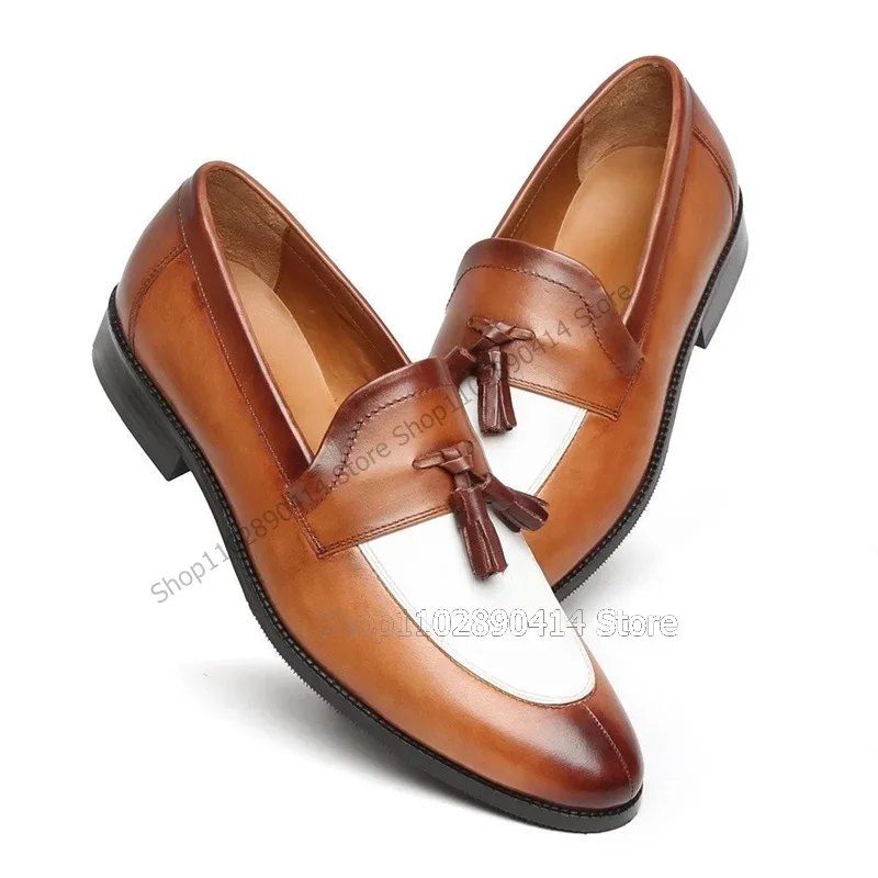 

Brown White Tassels Decor Sewing Design Loafers Fashion Slip On Men Shoes Luxury Handmade Party Banquet Office Men Dress Shoes