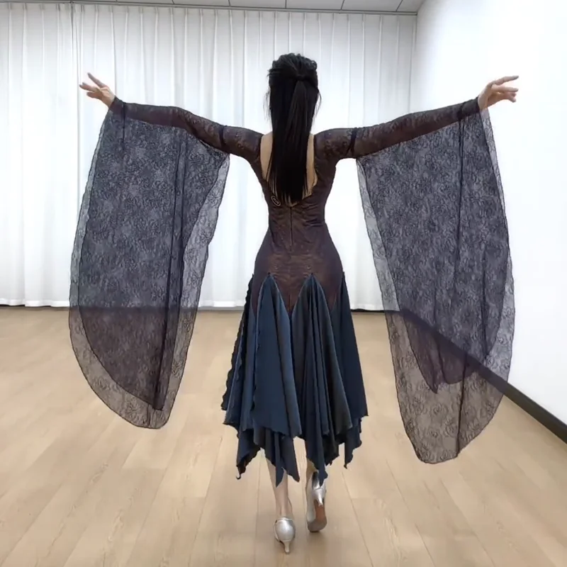 2026 Ballroom Dance Dress Women Standard Dancing Performance Clothes Black Lace Long Sleeves Waltz Dance Practice Dress BL18383