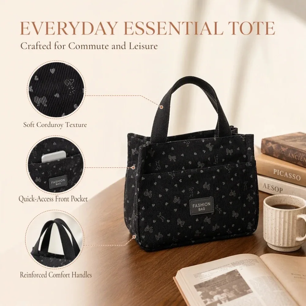 Casual Bow Heart Printed Corduroy Handbag Large Capacity Portable Mommy Bag Top Handle Multi-pocket Lunch Bag Daily Use