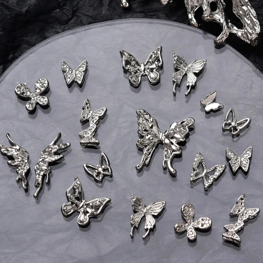 20Pcs Silver Alloy Butterfly Nail Art Charms 3D Metal Retro Butterfly Nail Decoration Silver Diamond Butterfly Manicure Parts #