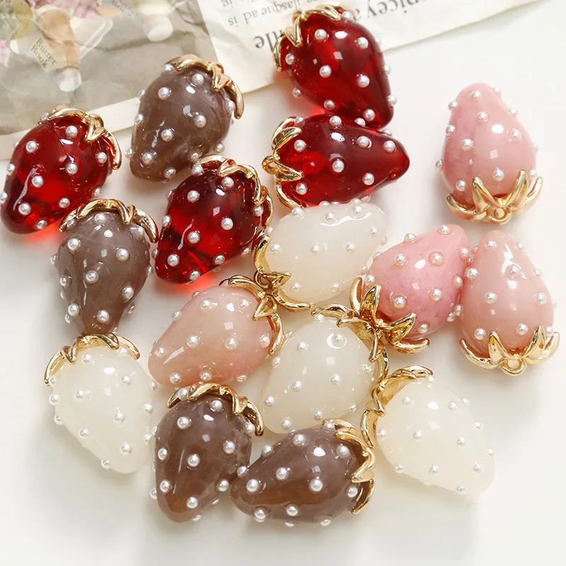 2pc High Quality Pearl Strawberry Resin Charms Kawaii 3D Simulated Fruit Pendant For Earring Keychains Diy Jewelry Make