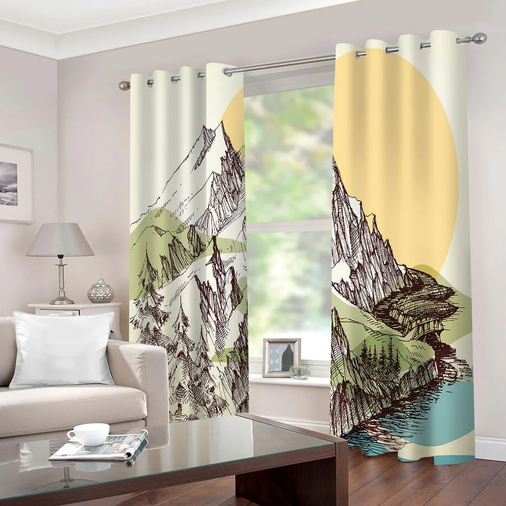 HUANZHUANG Curtains For Living RoomAbstract Full Moon Mountain Lake Landscape Blackout Curtains Perforated 2Pc Home Decor