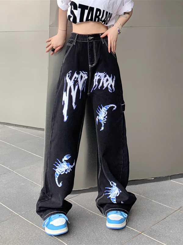 American Vintage High Waist Slim Black Jeans Women Autumn Washed Old Printed Straight Pants Hot Girl Streetwear Wide-leg Pants