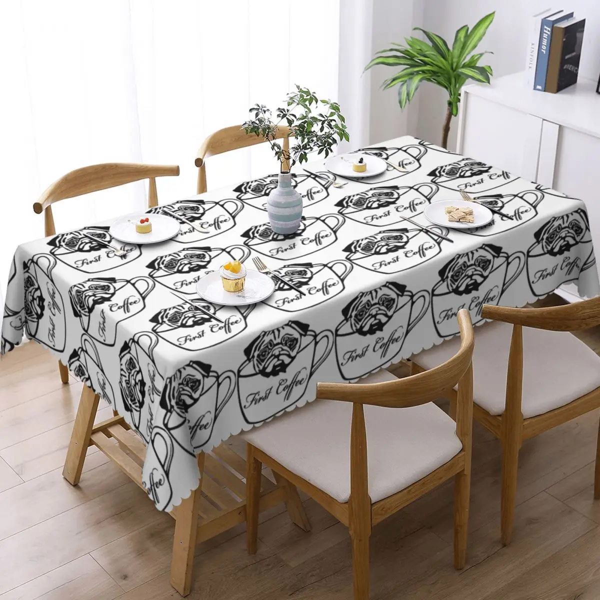 Pug First Coffee Customized Rectangular Tablecloth Oilproof Table Cover for Dining Events Table Cloth