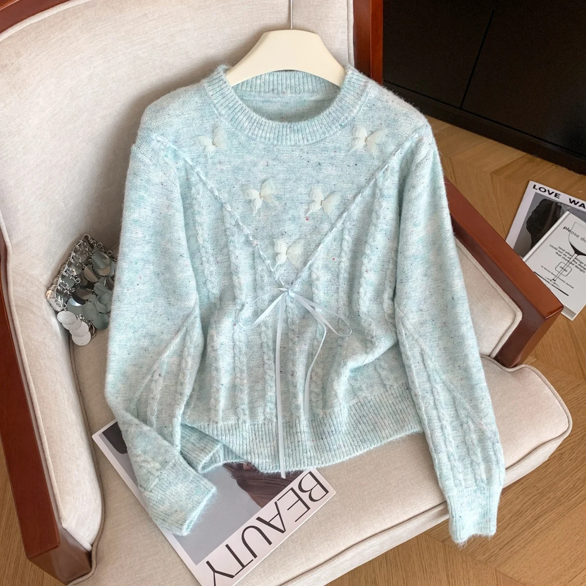 المرأة الضوء الأزرق البلوز سترة Y2k خمر 2000s البلوز متماسكة طويلة الأكمام س الرقبة فراشة سترة للنساء الخريف الشتاء #1