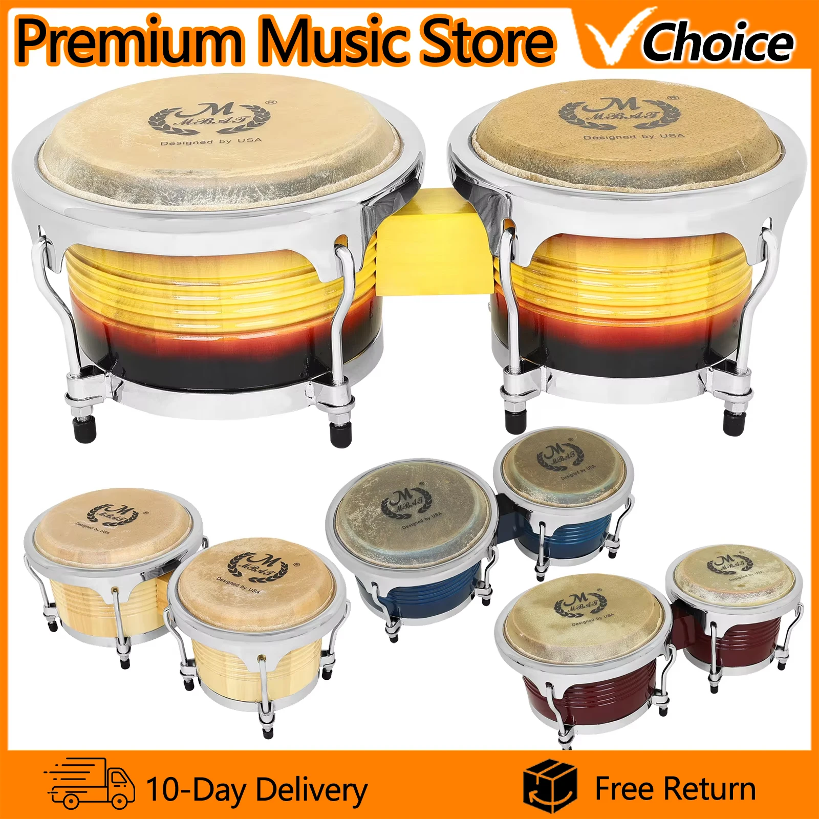 

M MBAT Bongos Drum Instruments Solid Wooden Bongo Drummer African Jazz Style Double Drum Tambourine Percussion Instrument