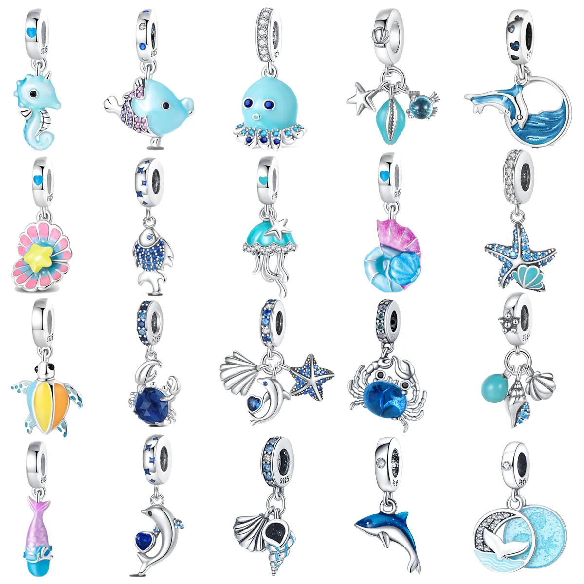 Original 925 Sterling Silver Blue Animal Turtle Heart Star and Moon Beaded Pendant for Pandora DIY Bracelet Ladies Jewelry Gift