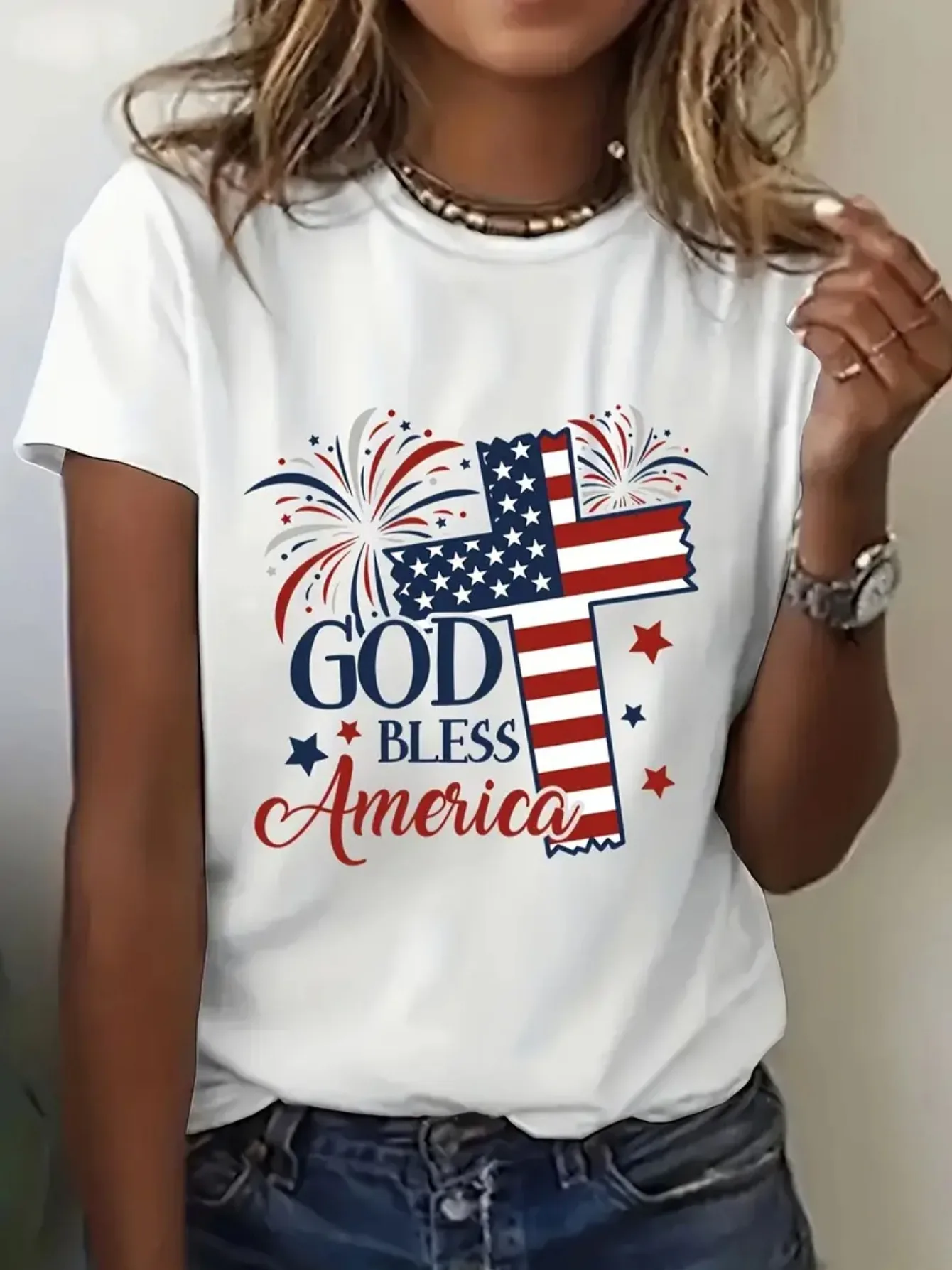 

Women's Patriotic GOD Bless AMERICA Graphic Crew Neck T-Shirt Red White & Blue Stars Design American Flag Design
