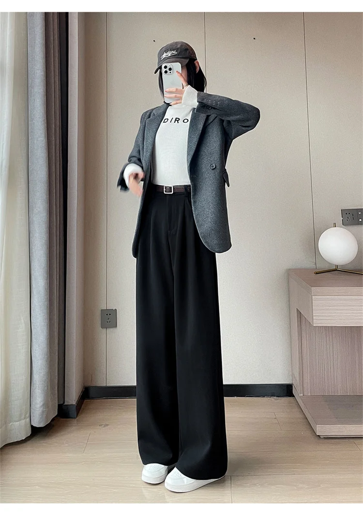 2023 Autumn and Winter New Wool Blended Wide-Leg Pants Straight Mopping Pants High Waist Slim Lengthened Casual Pants for Women