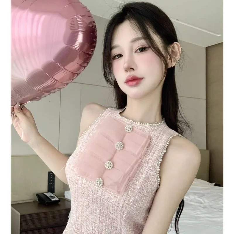 Sweet French Tweed Dress Women Korean Round Neck Beaded Spliced Bow Fragrance Sleeveless Fashion Slim Summer Temperament Skirts