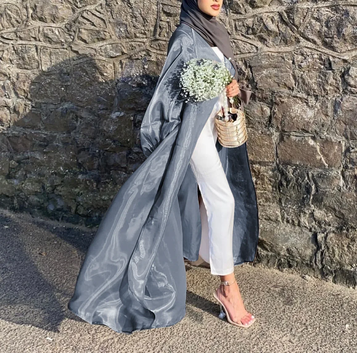 Eid Abaya Aberta Cintilante para Mulher, Abayas Dubai, Organza de Verão, Manga Puff, Hijab Muçulmano Turco, Islão, Kaftan Modesto