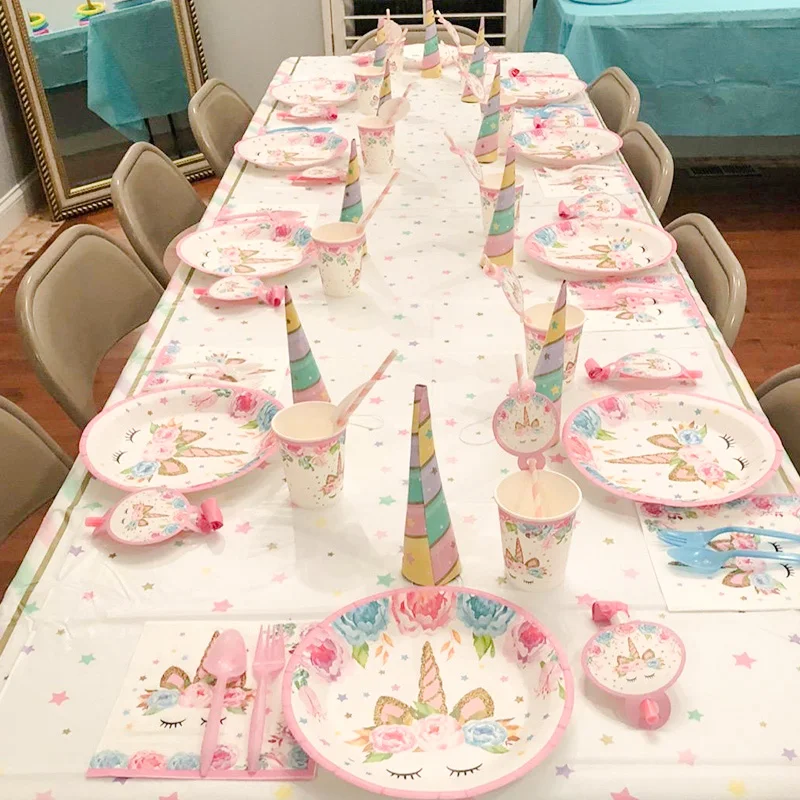 Jednorożec materiały urodzinowe dziewczęcy zestaw jednorazowe zastawy stołowe jednorożca z talerzami serwetki baner Baby Shower artykuły na przyjęcia — zdjęcie 4