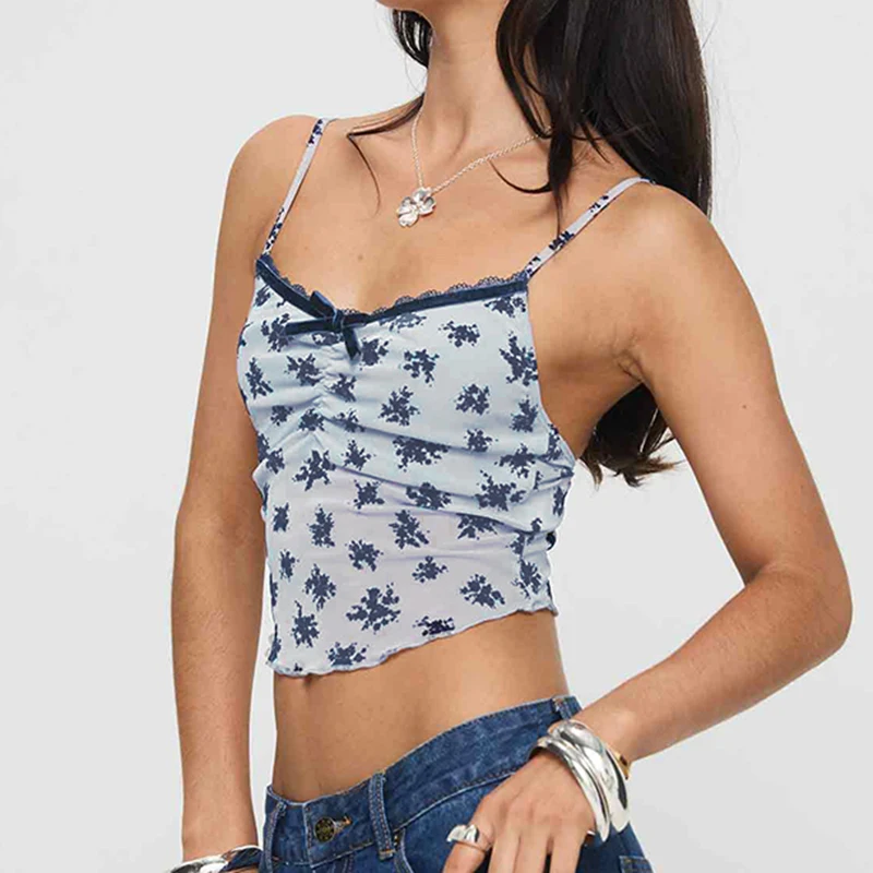 IAMHOTTY French Style Floral  Print Crop Top Women Coquette Aesthetic Contrast Color Lace Stitching Sleeveless Tops Sexy Camis