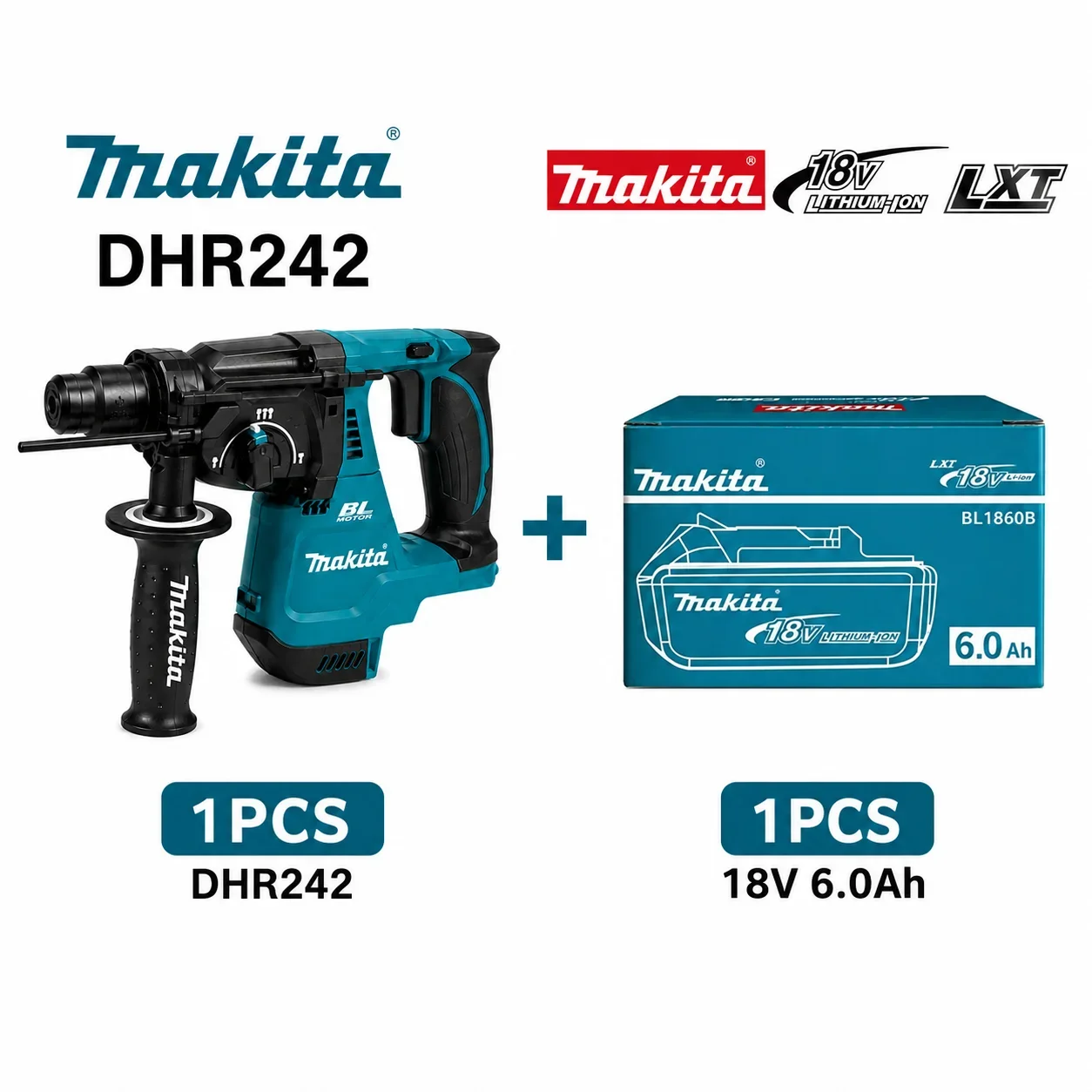 Original Makita DHR242 Akku-Bohrhammer, 18V bürstenloser Motor, inklusive originaler 6,0Ah BL1860B Batterie & Ladegerät, 24mm SDS-Plus, 3-Modus-Betonbohrer, schneller EU-Versand
