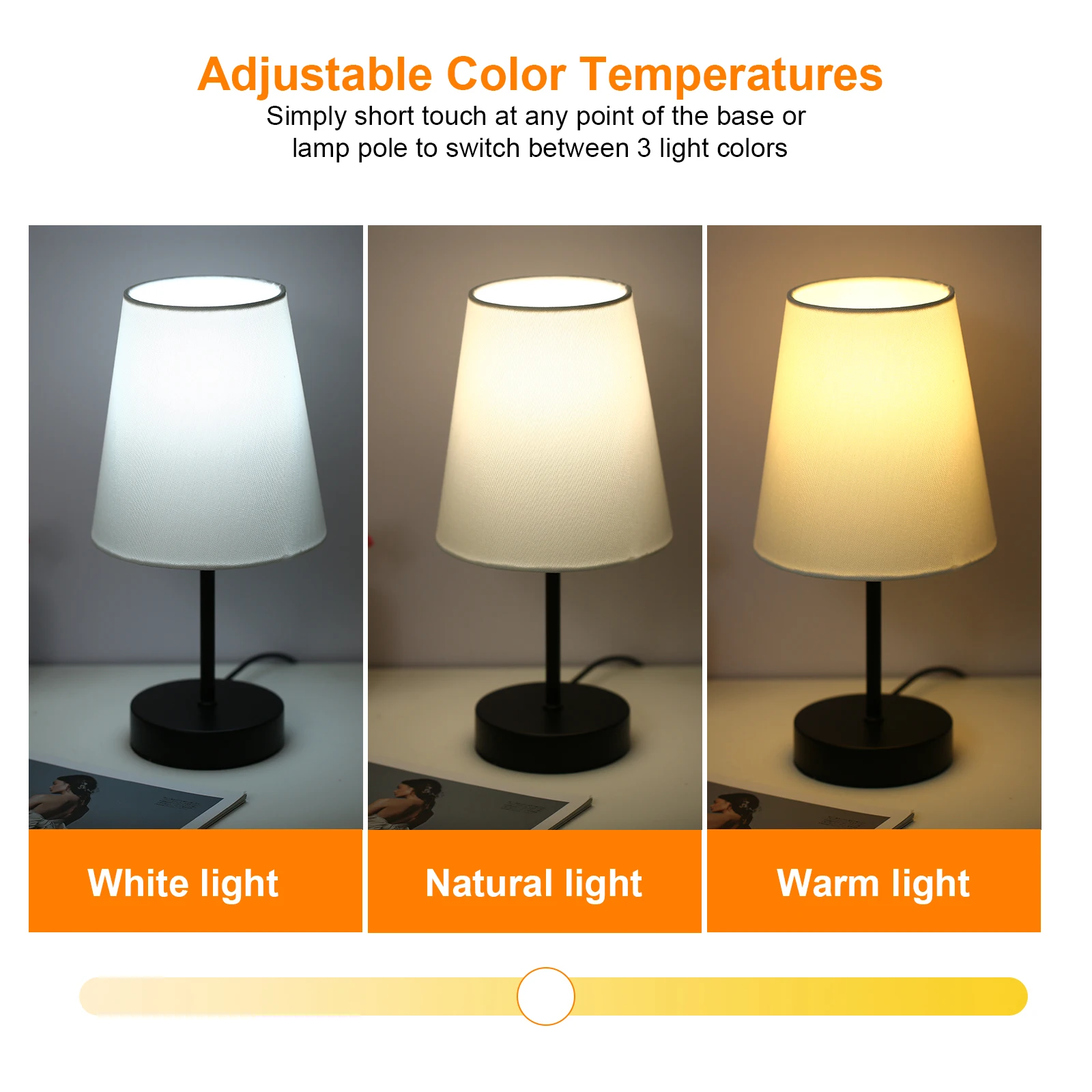 Fabric Bedside Table Lamp with 3 Light Colors LED Bulb Nightstand Lamp Desk Light Touch Control Stepless Dimmable USB Plug