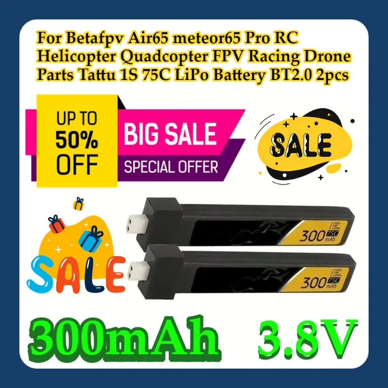 

For Betafpv Air65 meteor65 Pro RC Helicopter Quadcopter FPV Racing Drone Parts Tattu 300mAh 1S 75C 3.8V LiPo Battery BT2.0 2pcs