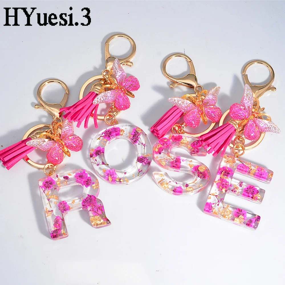 Pink Rose Letter Keychain Dried Flower Resin Initials Name Keyrings With Butterfly Tassel For Women Wallet Backpack Bag Decor