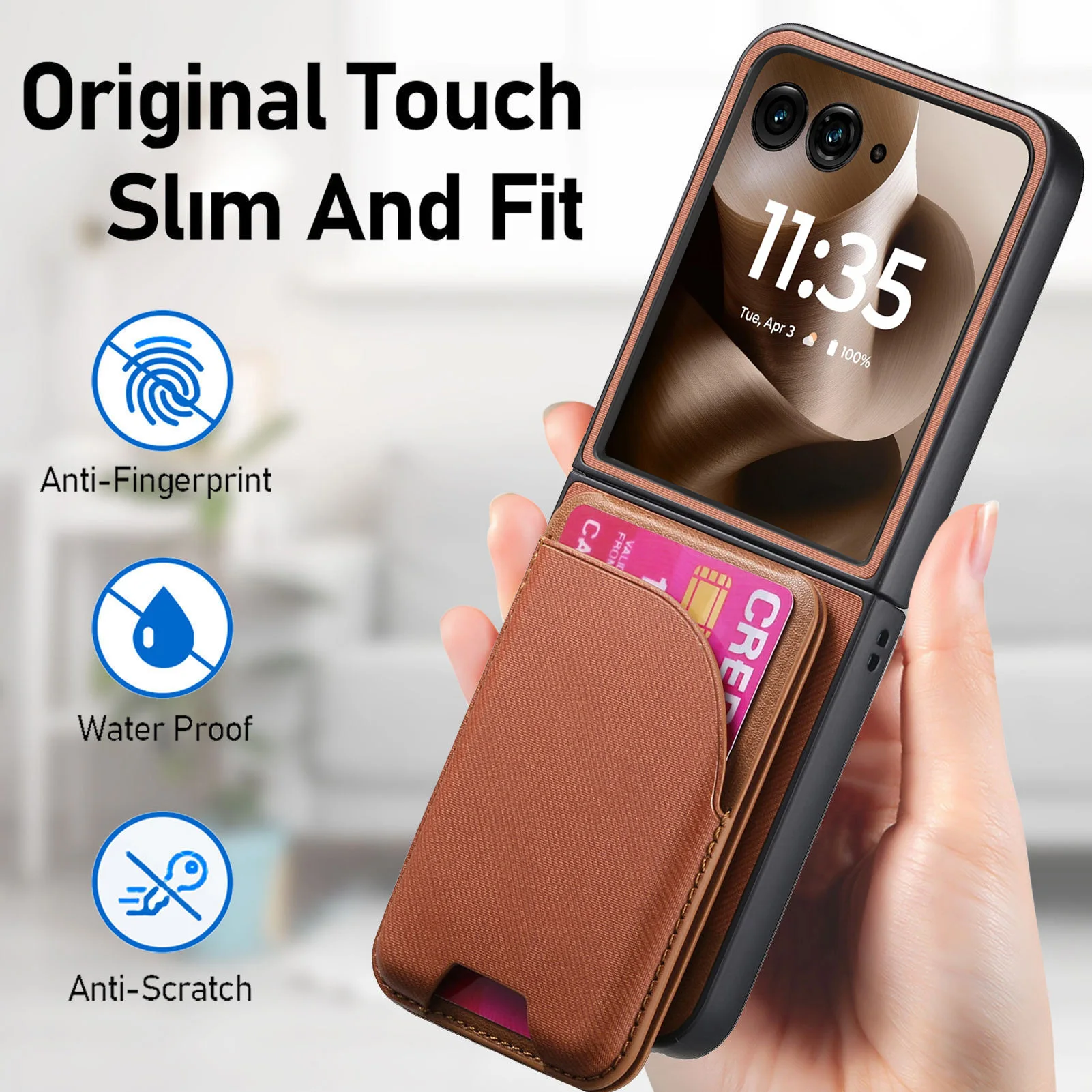 Skórzane etui z bezprzewodowym ładowaniem do telefonu Motorola MOTO Razr 70 Plus 60 50 40 Ultra Pro 2026, magnetyczny uchwyt na karty, twarda obudowa z funkcją podstawki. — zdjęcie produktu 3